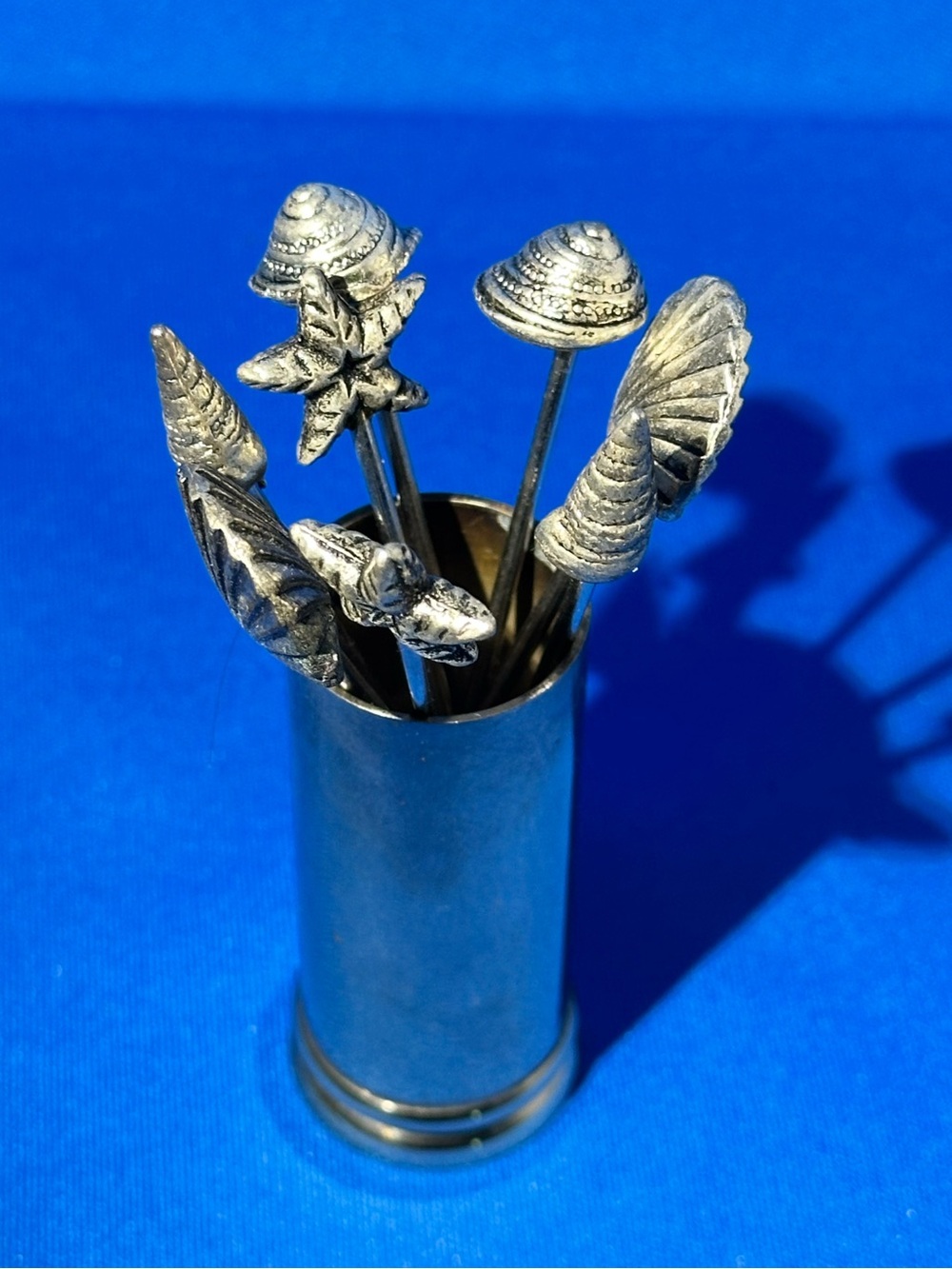Vintage Pewter Cocktail Picks Coastal Beach Theme Set of 8 Holder 2.5” tall - Picture 2 of 5